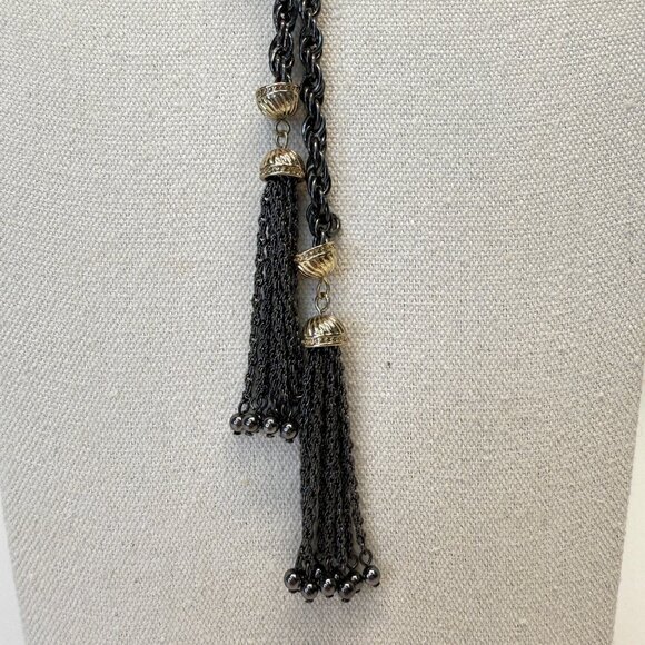 Two Tone Twisted Tassel Necklace Black Gold-Tone Long Length Adjustable - Picture 2 of 7